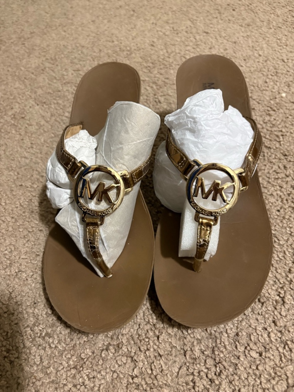 Michael Kors Metallic Gold Brown Footbed Logo Thong Sandals